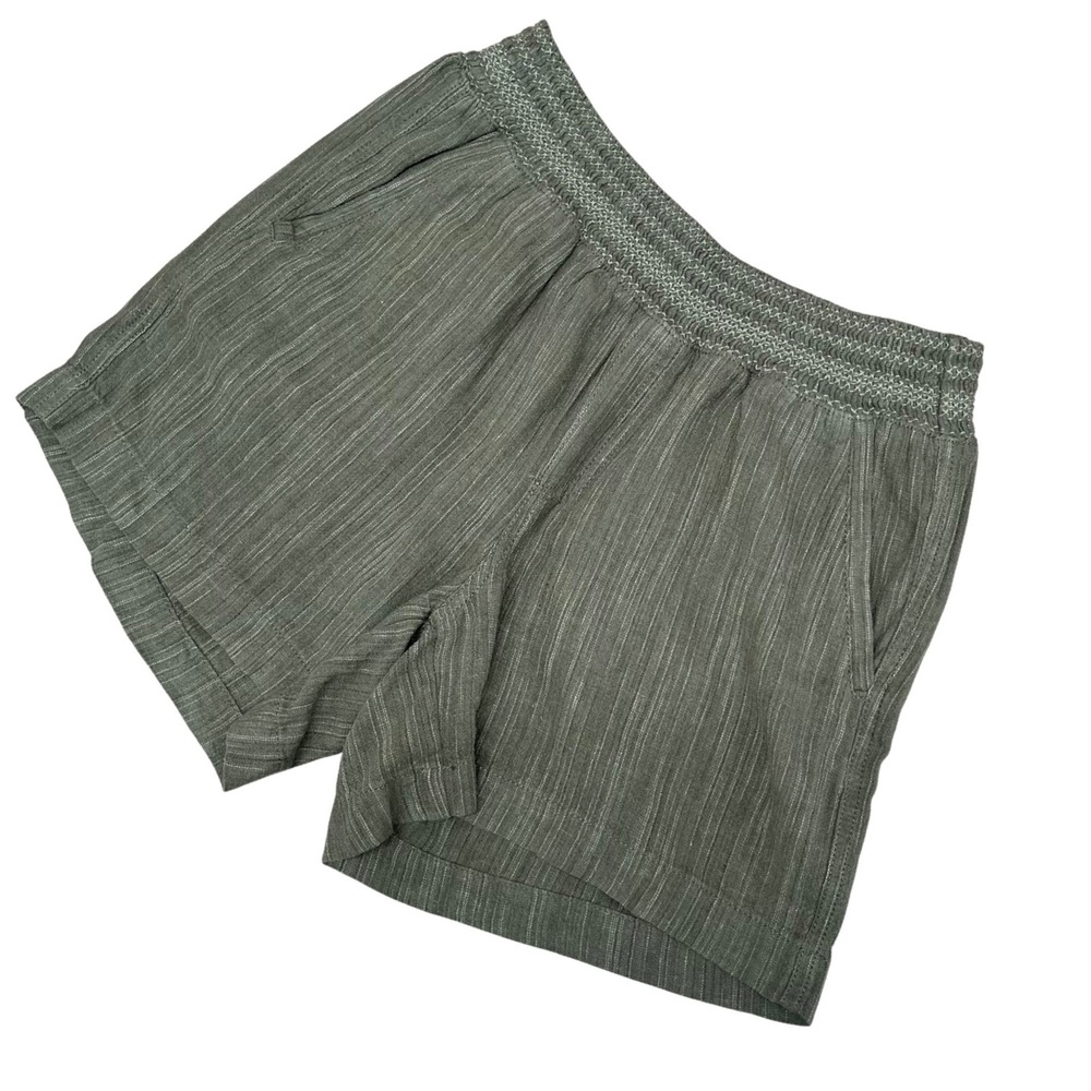 Briggs Linen Blend Shorts Womens Small Olive Green Excellent Smocked Striped - Picture 2 of 8